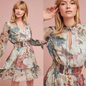 Hemant & Nandita Anthropologie Floral Smocked Waisted Long Sleeve Dress